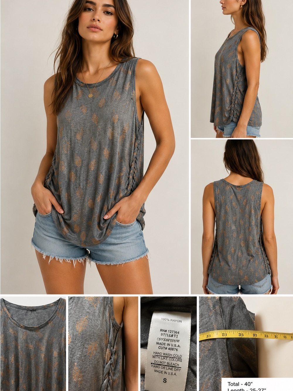 Boho Gray Pineapple Print Sleeveless Tank Top | Ruched Side Detail - Picture 8 of 8